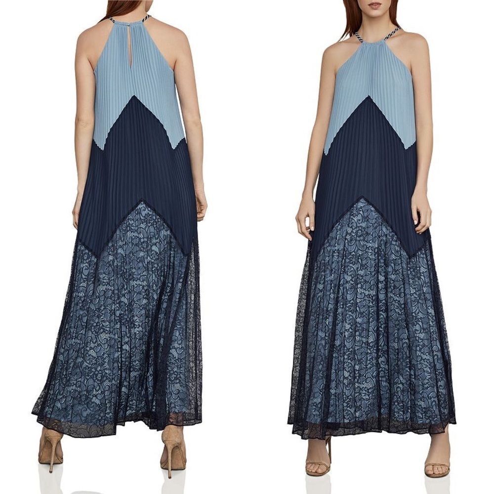 BCBGMAXAZRIA Boho Sleeveless Pleated Halter Maxi Dress Navy Blue XXS